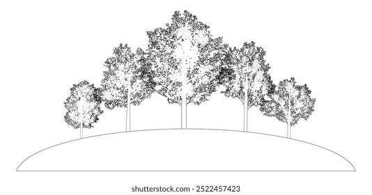 Group of deciduous bare trees standing on hilltop, contour. Vector illustration