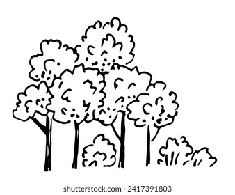 Grupo de árboles y arbustos caducifolios, arbustos, bosques. Naturaleza y vegetación, paisaje veraniego. Ilustración vectorial simple dibujada a mano con contorno negro. Esbozar con tinta.