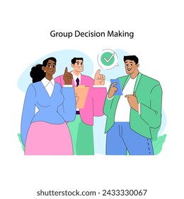 Group decision making concept. Diverse team of men and woman collaboratively selects best course of action. Synergy in decision process. Brainstorming solutions together. Flat vector illustration