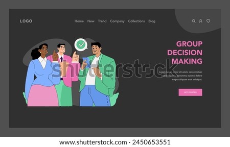 Group decision making concept. Diverse team of men and woman collaboratively selects best course of action. Synergy in decision process. Brainstorming solutions together. Flat vector illustration