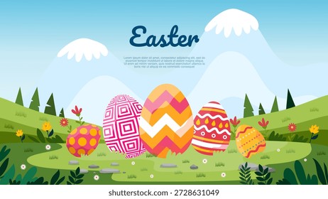 group of decorated eggs on grass field with snowy mountains under sky
