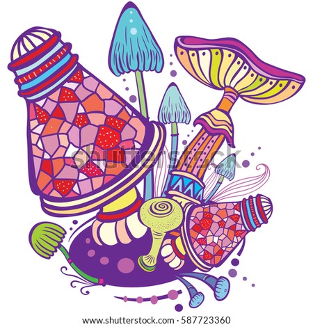 Group of decorative mushrooms in doodle style