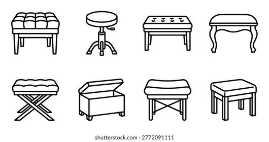 Group of decorative stools and storage benches, featuring tufted seats, ornate legs, and lidded storage compartments.