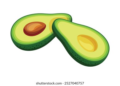 Group of delicious avocados in cartoon style. Vector illustration of fresh avocado halves with and without pit isolated on white background. Healthy food.