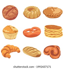 A group of delicious bread, pretzels and cupcakes