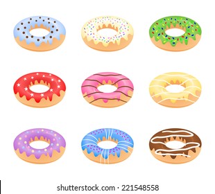 Group of delicious colorful donuts variation. Different ring shaped donut collection, multi color set, vector art image illustration, cartoon graphic drawing design, isolated on white background 