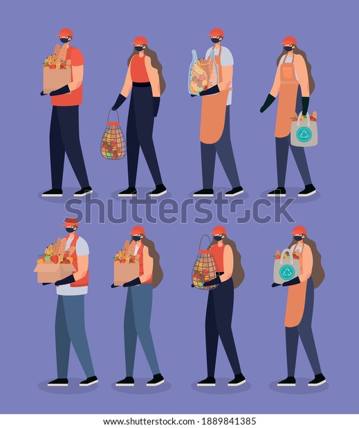 group of delivery men and women icons vector illustration design