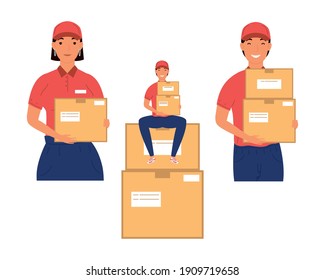 grupo de trabajadores de entrega con caracteres de cajas diseño de ilustración vectorial
