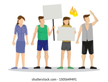 Group of demonstrators with empty boards. Concept of anger or revolution. Flat isolated vector illustration