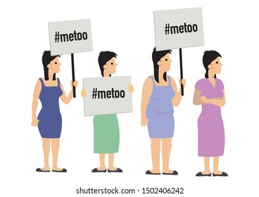 Group of demonstrators with hashtag me too boards. Concept of anger or revolution. Flat isolated vector illustration