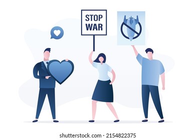 Group of demonstrators holds placards and heart. Stop war, concept banner. Protest against military action and militarization. People want peace, safety life. Antiwar protest. Vector illustration