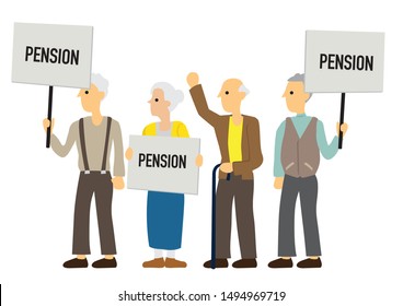 Group of demonstrators with Pension boards. Concept of anger or revolution. Flat isolated vector illustration