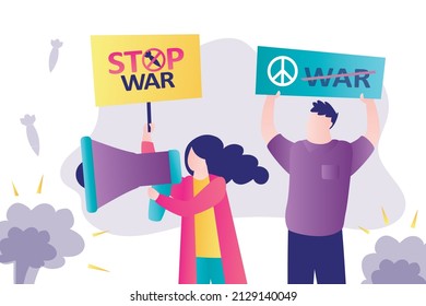 Group of demonstrators protest against military action and weapons. Stop war, concept. People are protesting against start of the war. Movement of pacifism, for world peace. Flat vector illustration