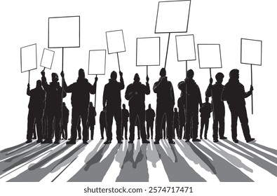 A group of demonstrators,  protesters, striking workers, labor unions holding signs and exercising their right to assemble. Backlit and casting long shadows. Empty placards across the top third.