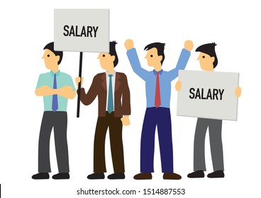 Group of demonstrators with Salary boards. Concept of anger or revolution. Flat isolated vector illustration