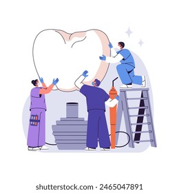 Group of dentists installation of dental implant. Stomatologists treatment denture, artificial tooth. Dentistry doctors care about oral health. Flat isolated vector illustration on white background