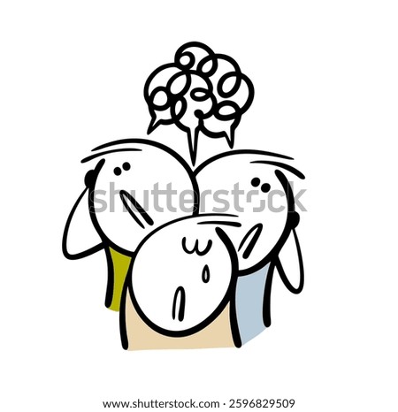 Group of depressed people. Vector illustration teenagers suffer, experience anxiety, and need psychological help. Funny doodle cartoon isolated on white background.