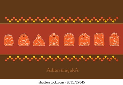 Group Design of eight Ganesha named as Mayureshwar, Siddhivinayak, Ballaleshwar, Varadvinayak, Chintamani, Girijatmak, Vighneshwar, Mahaganapati, called Ashtavinayak in Maharastra, India 