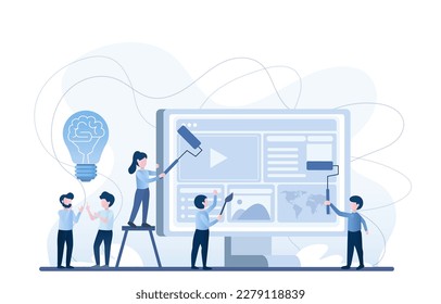 A group of designers are collaborating on a creative project on their computers, working on creating advertisements. Brainstorming ideas, sharing feedback and ideas. Flat vector illustration.