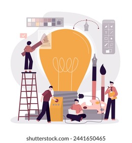 Group of designers creators turn on light bulb lamp. Creative new idea, innovation start up business project or inspiration to achieve success goal. Pitching ideas, brainstorming concept. flat vector