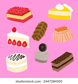 Un grupo de postres sobre fondo rosa. 
