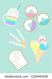Group of desserts with pastel unicorn rainbow concept