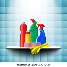 Group of detergents on the bath shelf