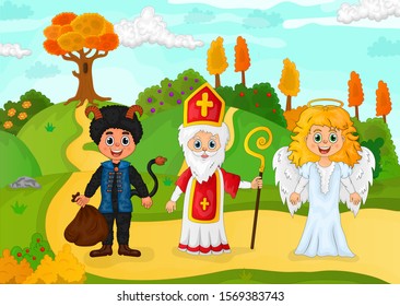 Group of devil, Saint Nicholas and angel