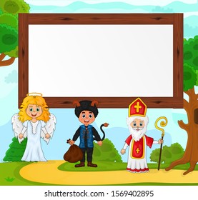 Group of devil, Saint Nicholas and angel, place for your text