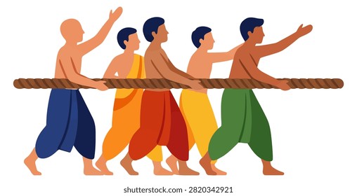 Group of devotees pulling a long ceremonial rope during the Rath Yatra chariot festival.