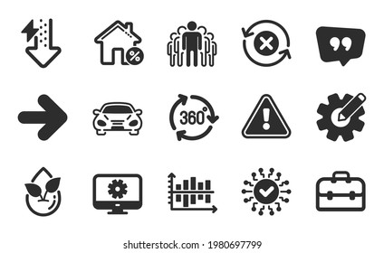 Group, Diagram chart and 360 degree icons simple set. Reject refresh, Loan house and Cogwheel signs. Security network, Organic product and Quote bubble symbols. Flat icons set. Vector