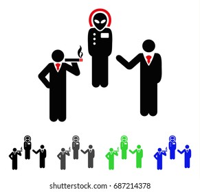 Group Dialog With Alien flat vector illustration. Colored group dialog with alien gray, black, blue, green icon variants. Flat icon style for web design.