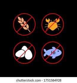 Group of different allergen icons. Color image of food allergens. Black background.