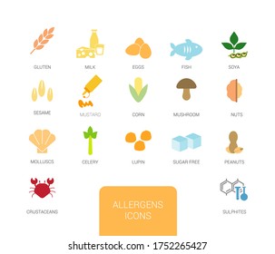 Group of different allergen icons. Color image of food allergens.