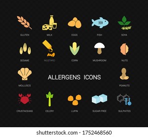 Group of different allergen icons. Color image of food allergens.