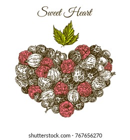 Group of different berries in a heart shape with a small green leaf. Engraving style. Vector illustrations.