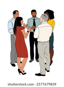 Group of different business people standing in circle , having casual meeting. Colored outline hand drawn vector illustration isolated on transparent background