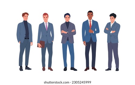 Group of different businessmen  standing isolated. Corporate office style. Vector flat style cartoon illustration