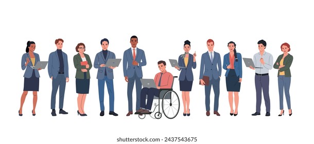 Group of different businesswomen  and businessmen  standing holding and using laptopd. Corporate office style. Vector flat style cartoon illustration