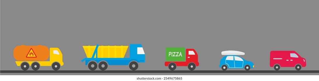 Group of different cars, truck, lorry, van, tanker, box car, car with cargo box on the roof, column of cars on a busy road, highway, in a row, vector icon