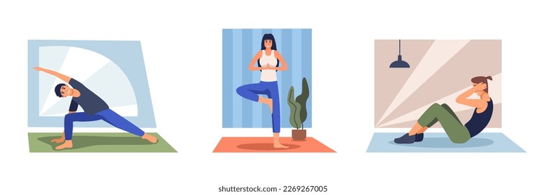 Grupo de diferentes personajes de caricatura haciendo deportes en casa. Tiempo de entrenamiento. Estilo de vida activo y saludable. Yoga y fitness. Haciendo ejercicio en interiores. Vector