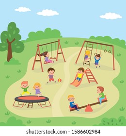 Group of different cartoon children are playing in the playground. Outdoors games and activities. Various kid characters. Flat vector illustration