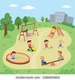 Group of different cartoon children are playing in the playground. Outdoors games and activities. Various kid characters. Flat vector illustration