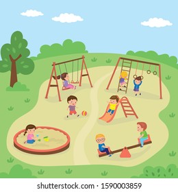 Group of different cartoon children are playing in the playground. Outdoors games and activities. Various kid characters. Flat vector illustration