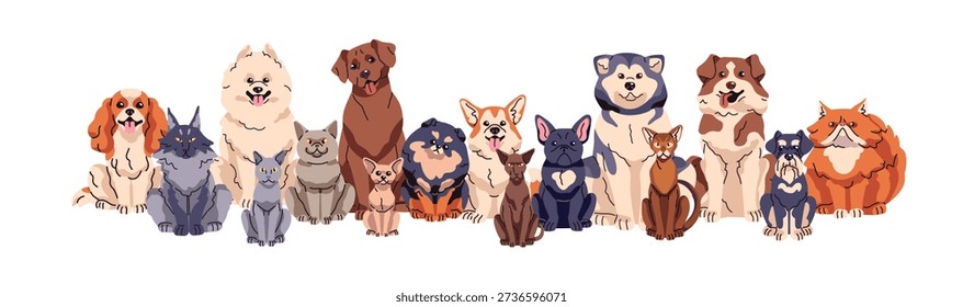 Group of different cats and dogs sitting together. Various breeds of kitties and puppies. Cute and funny kittens and pups. Amusing animals. Adorable pets. Flat isolated vector illustration on white