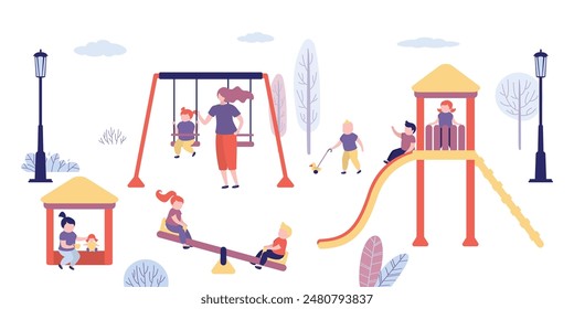 Group of different children play in playground. Teacher or nanny looks after walking children. Swings, sandbox, slide on playground in park. Kids activities. Kindergarten, childhood. Flat vector