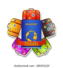 group different color suitcases and passport on white background stroked