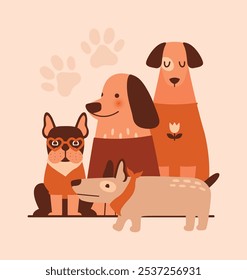 Grupo de diferentes perros lindos sentados uno al lado del otro. Ilustración vectorial ingenua con varios cachorros felices. Personajes de animales domésticos en suéteres. Para el Anuncio del Web, tarjeta, volante. Estilo plano.