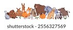 Group of different cute forest animals stands together. Happy woodland fauna: bear, deer, fox, wolf, hare, squirrel. Lots of wild friendly beasts. Flat isolated vector illustration on white background