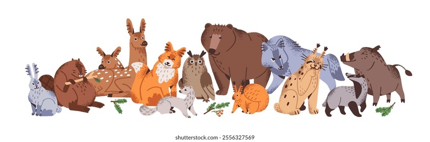 Group of different cute forest animals stands together. Happy woodland fauna: bear, deer, fox, wolf, hare, squirrel. Lots of wild friendly beasts. Flat isolated vector illustration on white background